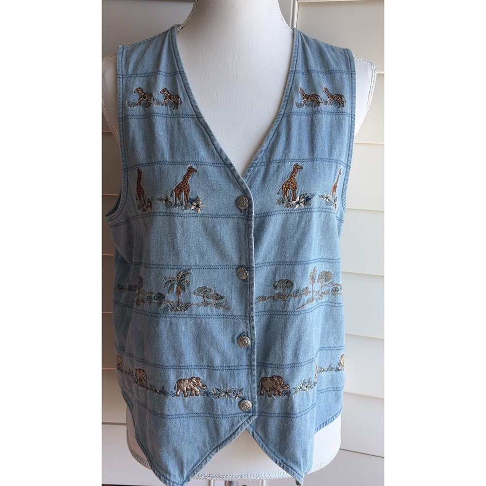Vtg Casey & Max Denim Safari Vest Embroidered Animal Scene Denim Women 8 M 90s